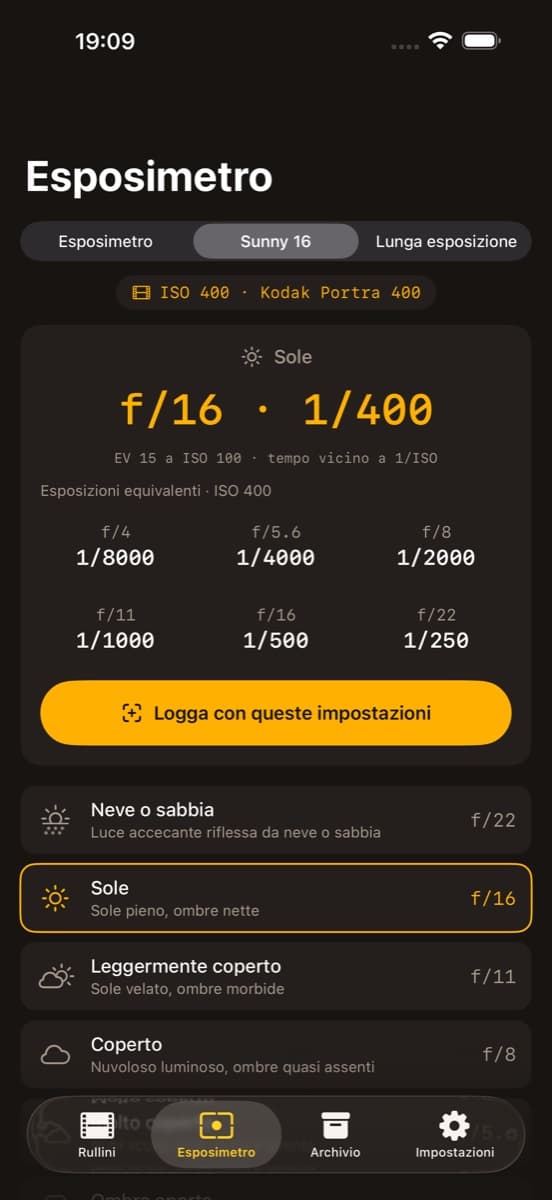 Esposimetro Sunny 16 di Rullino