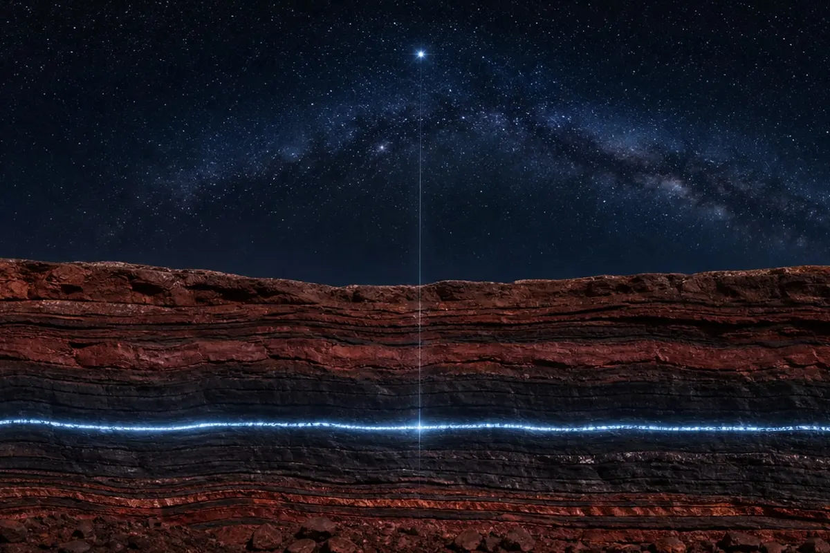 I Costruttori / The Builders: strati di roccia rossa sotto la Via Lattea, attraversati da una linea di luce
