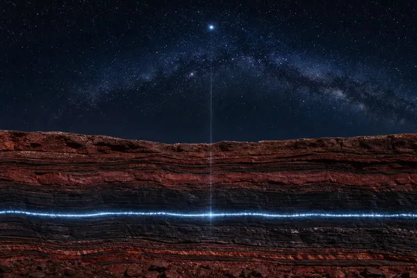 I Costruttori / The Builders: strati di roccia rossa sotto la Via Lattea, attraversati da una linea di luce